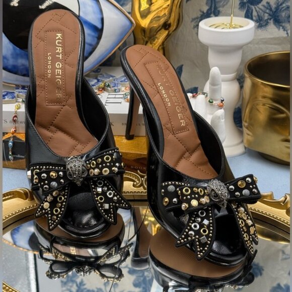 🆕 KURT GEIGER LONDON 🧿 NWOB Belgravia Stud Bow Mule Heel, Black - Sz 37 US 7 - Picture 4 of 15